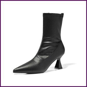 Pointed Toe Ankle Boots Low Kitten Heel Side Zipper Office Dress Shoes